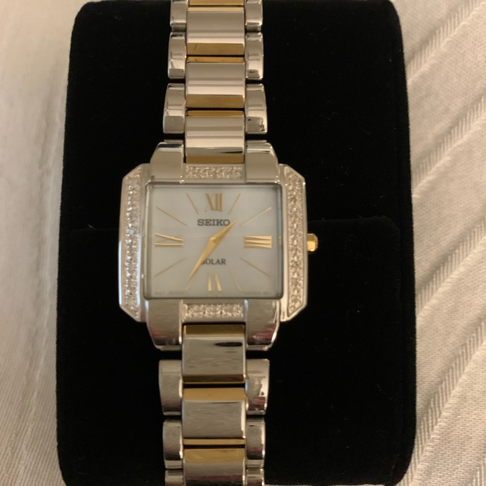 Seiko rectangular face two tone band watch